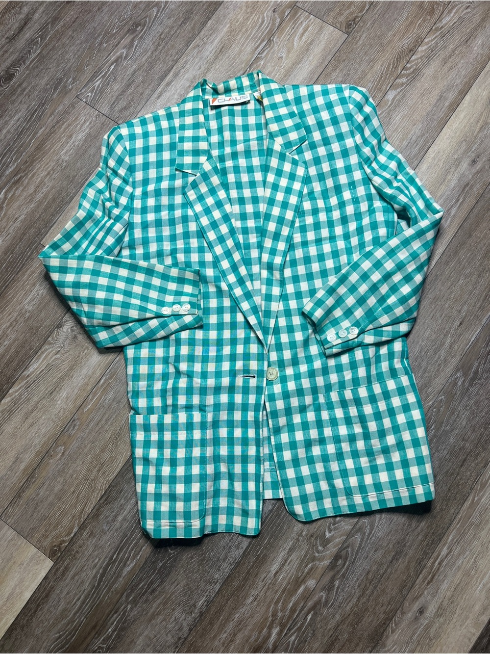 Vintage Chaus aqua and white gingham check boyfriend blazer